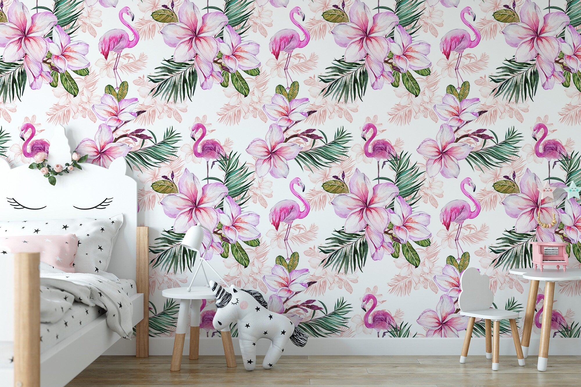 Pink Flamingo Floral Wallpaper | Pink Nursery Peel and Stick Removable Wallpaper | Baby Girl Blushing Pink Flamingo & Floral Décor