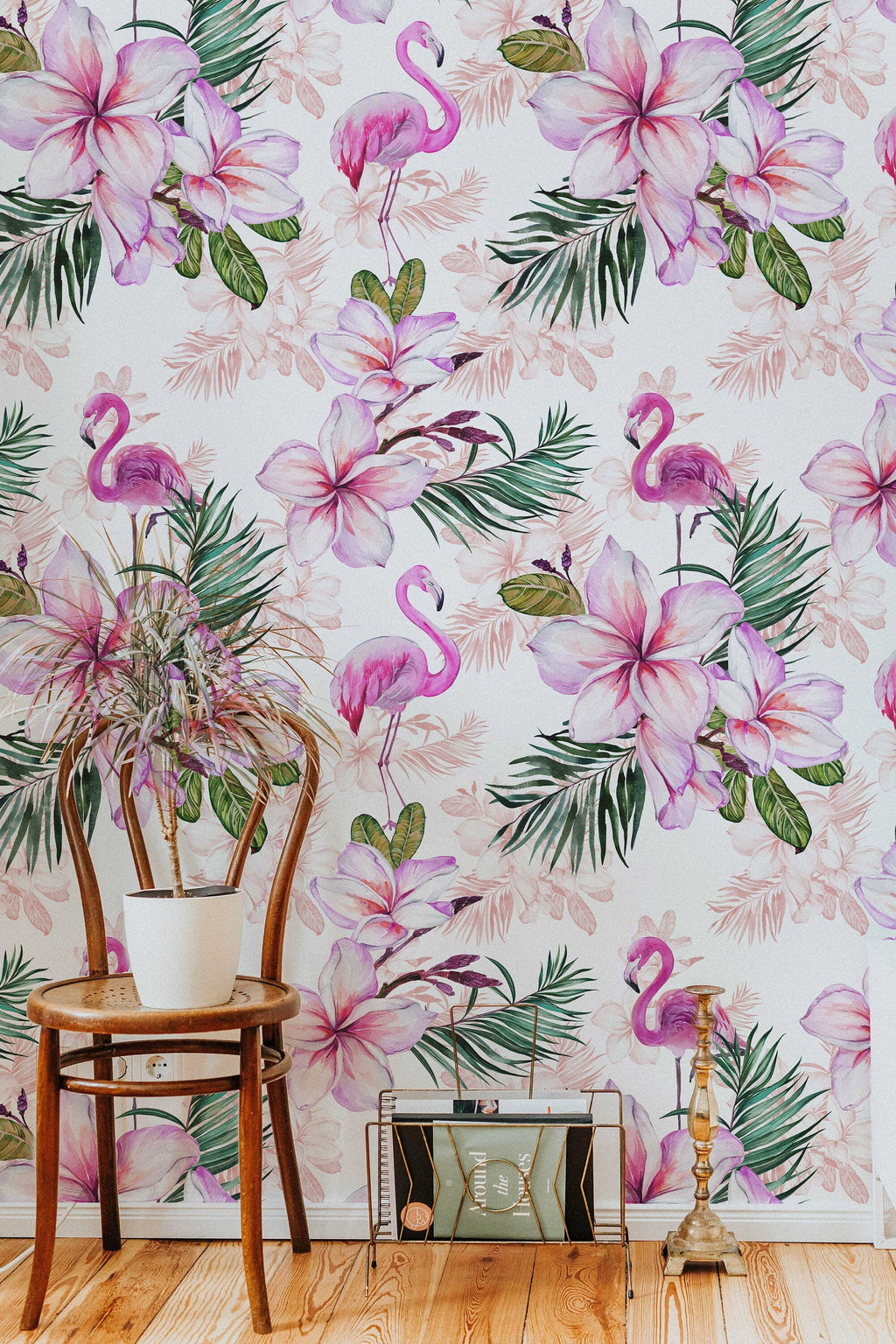 Pink Flamingo Floral Wallpaper | Pink Nursery Peel and Stick Removable Wallpaper | Baby Girl Blushing Pink Flamingo & Floral Décor