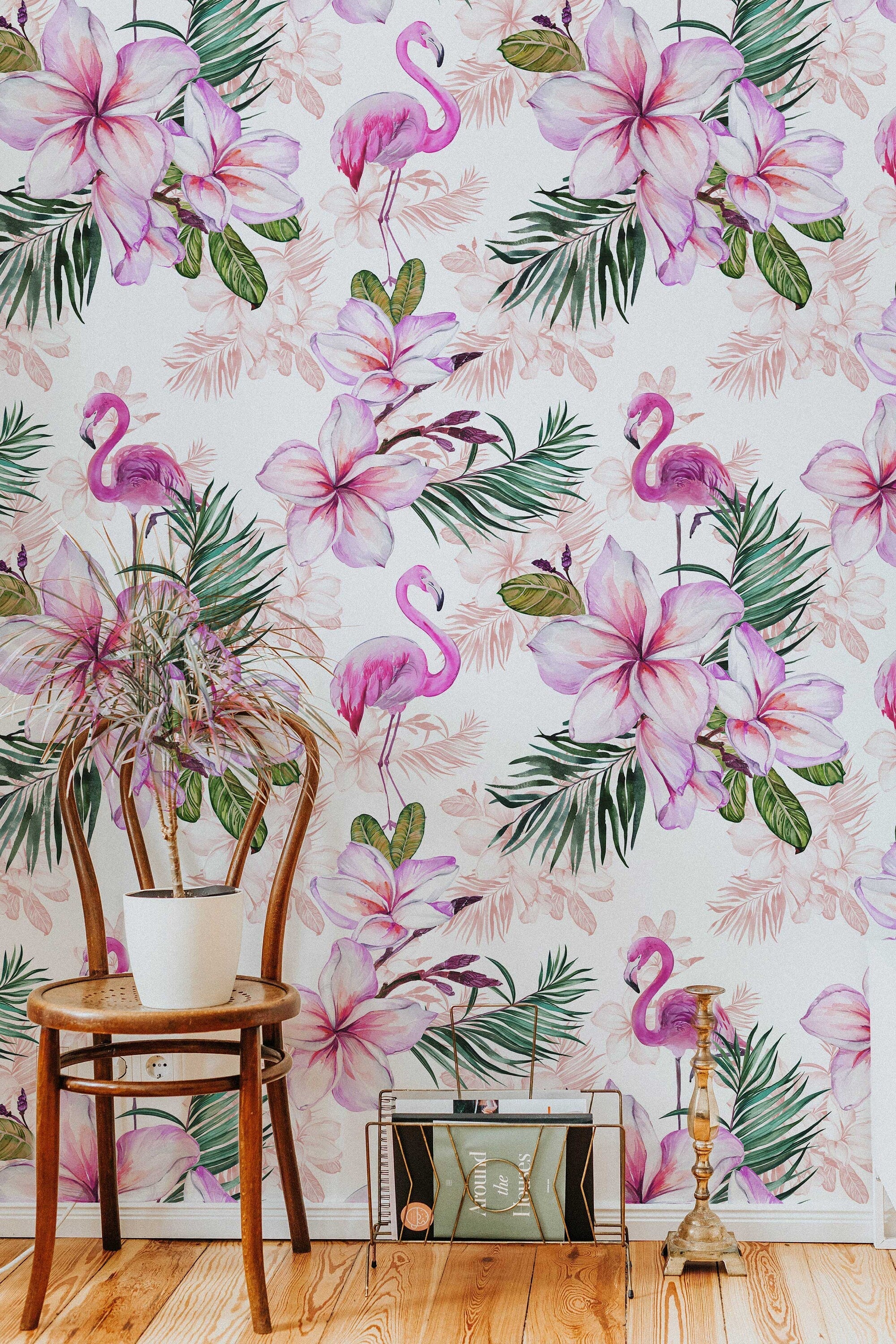 Pink Flamingo Floral Wallpaper | Pink Nursery Peel and Stick Removable Wallpaper | Baby Girl Blushing Pink Flamingo & Floral Décor