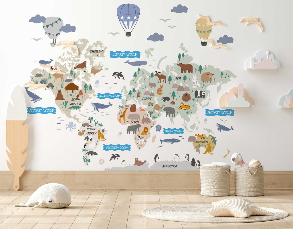 Animal World Map Decal - Informative Peel and Stick Map Decal