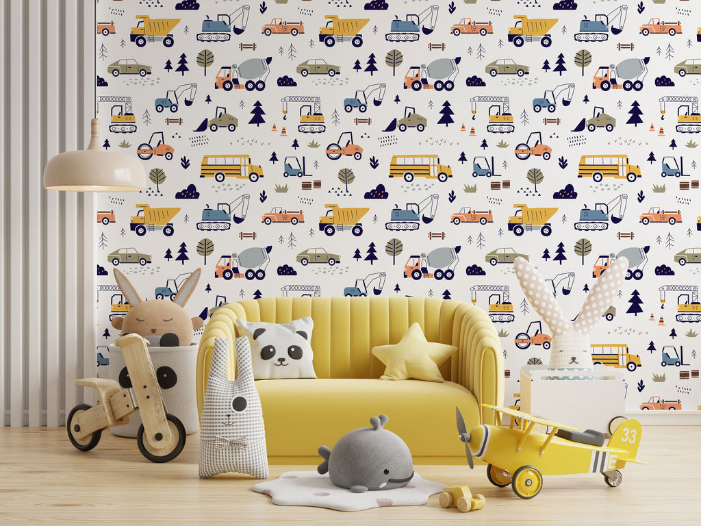 Cars and Trucks Nursery Wallpaper | Boys Wallpaper | Truck Wallpaper | Car Wallpaper | Bus Wallpaper | Wall Art | Peel and Stick