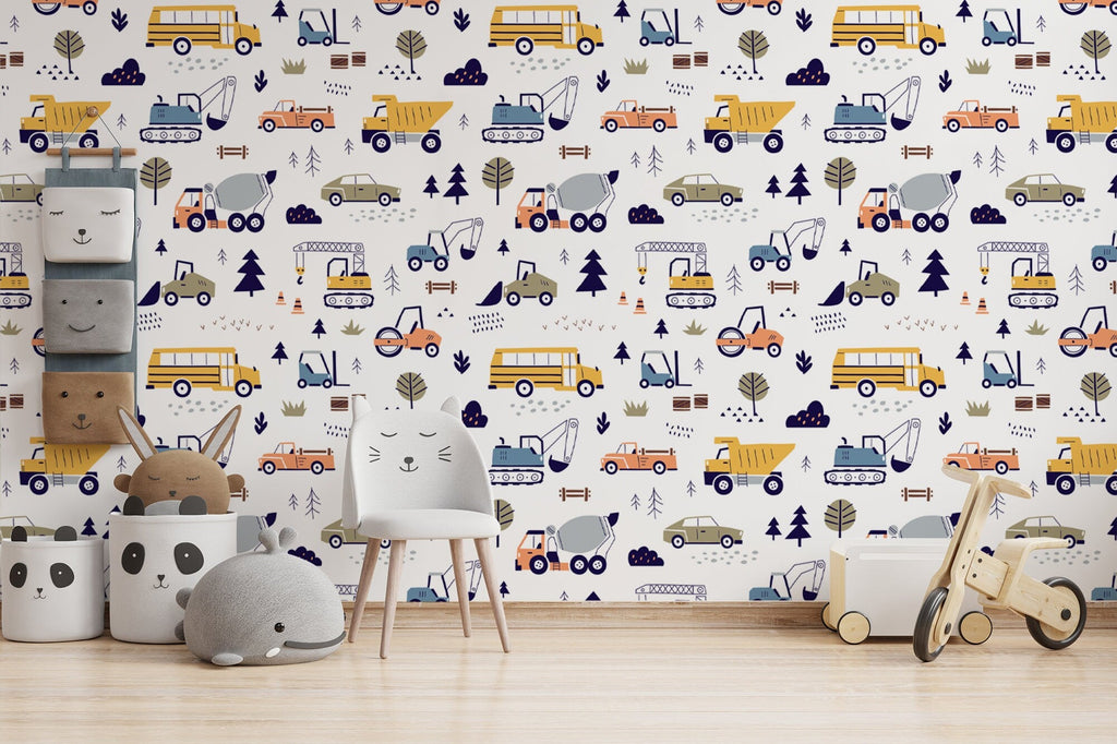 Cars and Trucks Nursery Wallpaper | Boys Wallpaper | Truck Wallpaper | Car Wallpaper | Bus Wallpaper | Wall Art | Peel and Stick