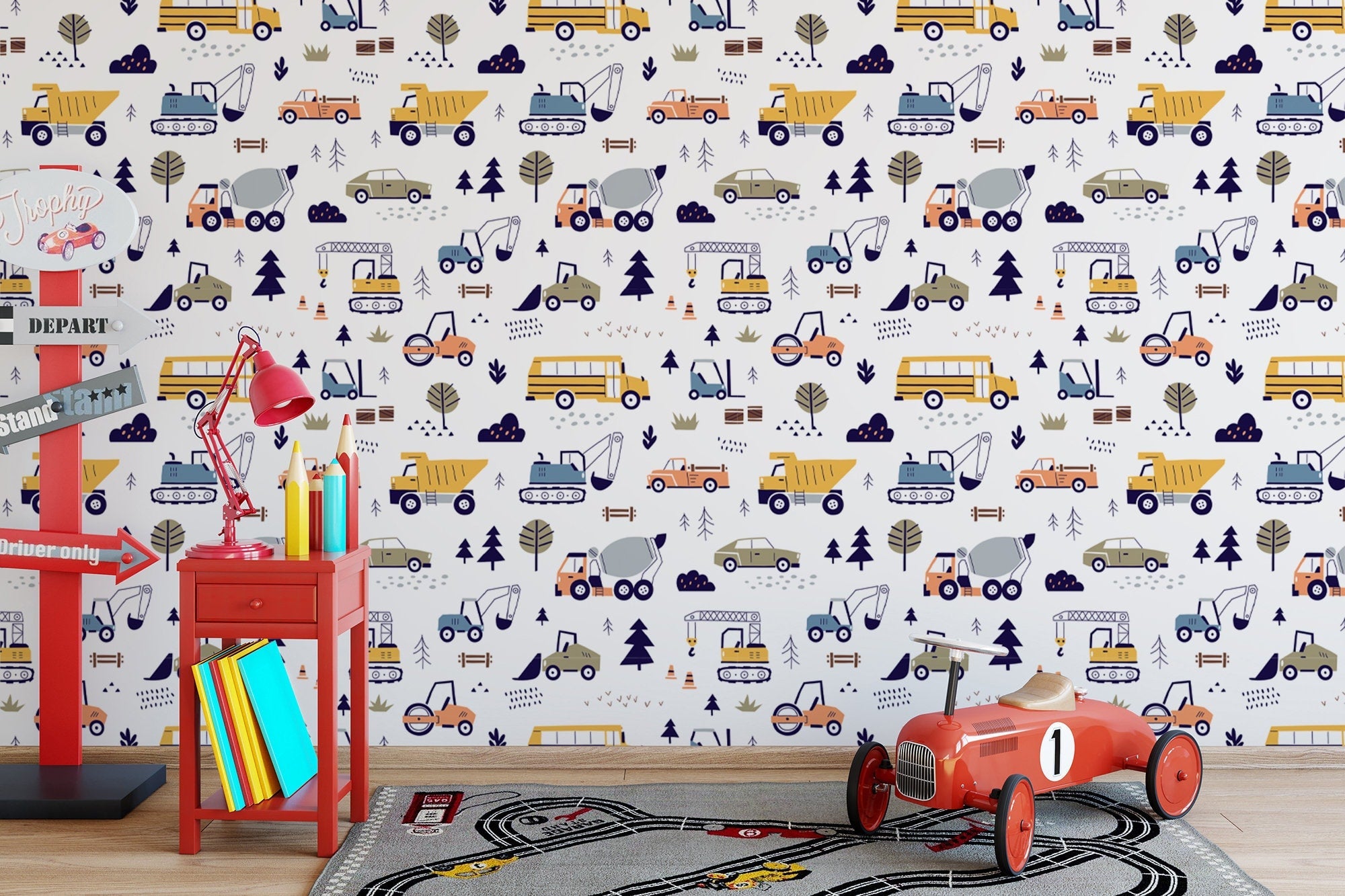 Cars and Trucks Nursery Wallpaper | Boys Wallpaper | Truck Wallpaper | Car Wallpaper | Bus Wallpaper | Wall Art | Peel and Stick