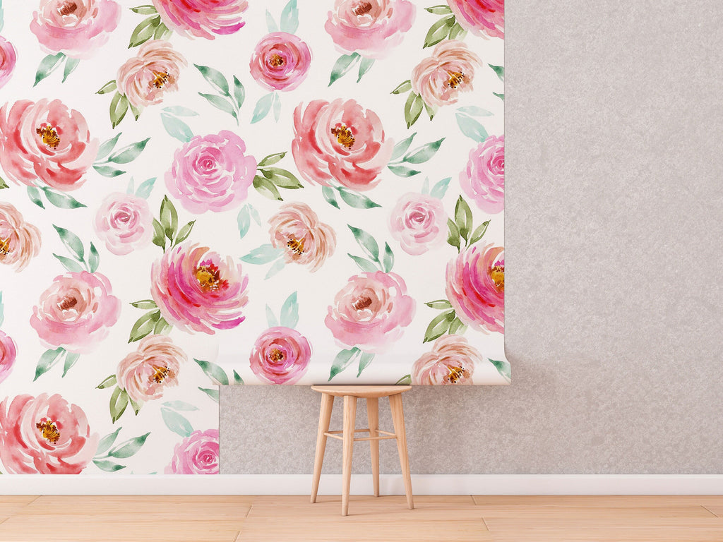 Soft Pink Roses Wallpaper | Floral Wallpaper Peel and Stick | Removable Wallpaper | Watercolor Wallpaper | Flower Wallpaper Mural