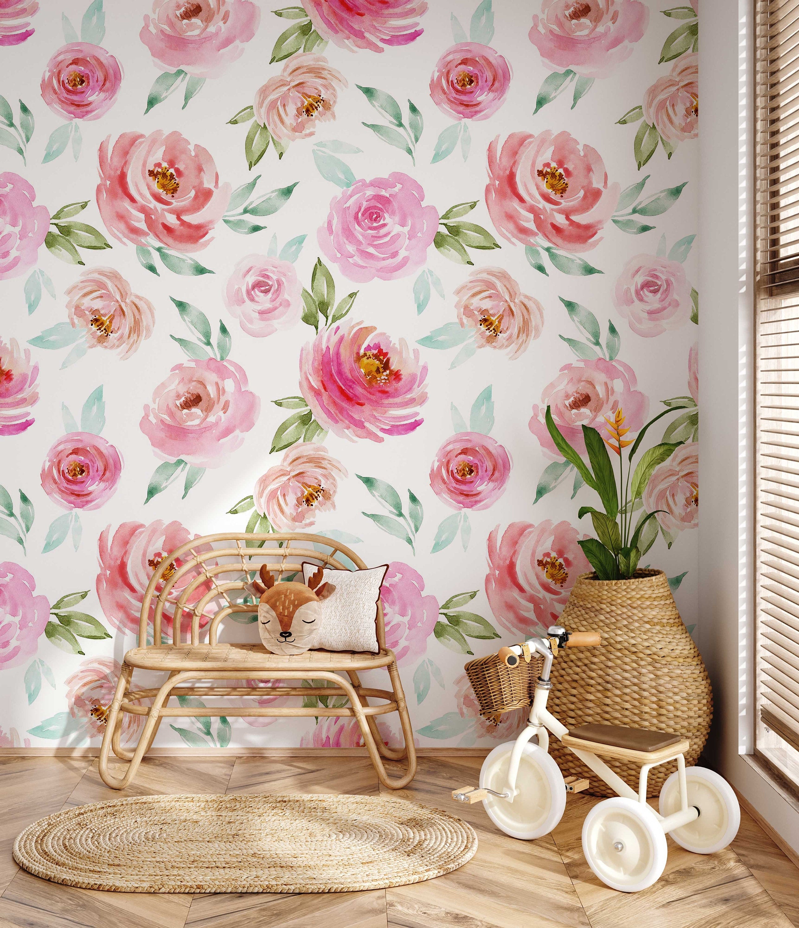 Soft Pink Roses Wallpaper | Floral Wallpaper Peel and Stick | Removable Wallpaper | Watercolor Wallpaper | Flower Wallpaper Mural
