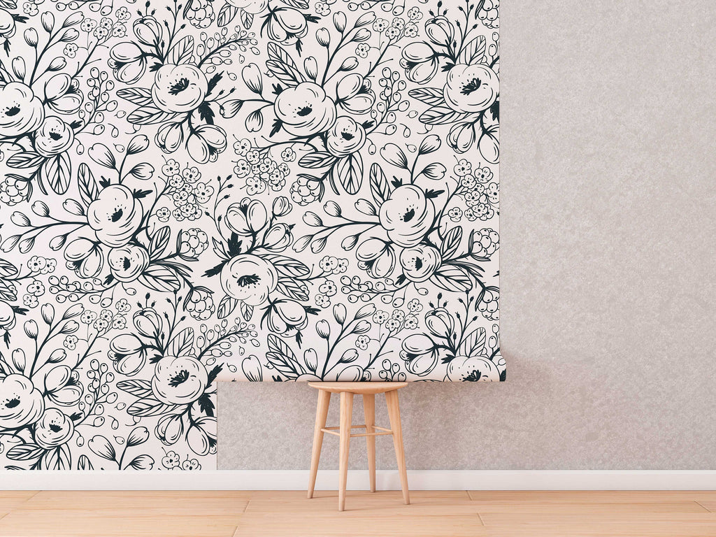 Black and White Spring Floral Wallpaper | Nursery Wall | Mural | Removable Wallpaper | Children Wall | Art | Meadow | Doddle