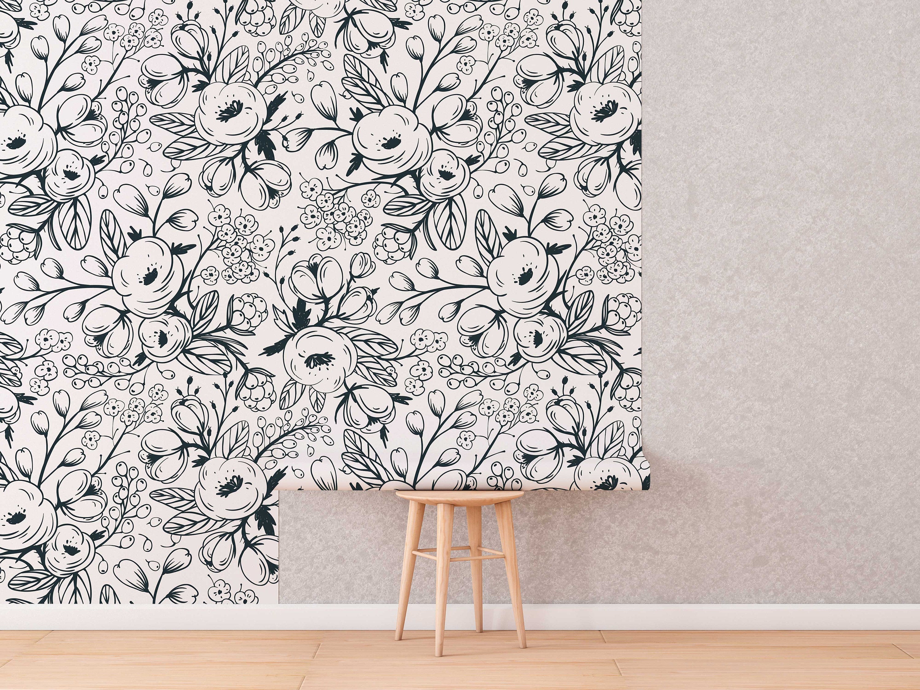 Black and White Spring Floral Wallpaper | Nursery Wall | Mural | Removable Wallpaper | Children Wall | Art | Meadow | Doddle