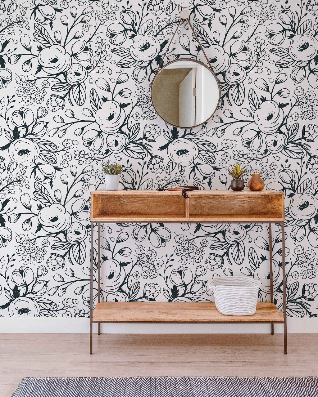 Black and White Spring Floral Wallpaper | Nursery Wall | Mural | Removable Wallpaper | Children Wall | Art | Meadow | Doddle