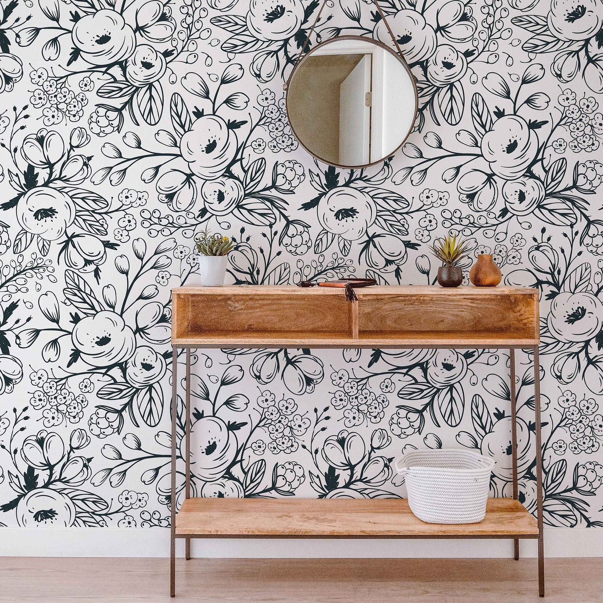 Black and White Spring Floral Wallpaper | Nursery Wall | Mural | Removable Wallpaper | Children Wall | Art | Meadow | Doddle