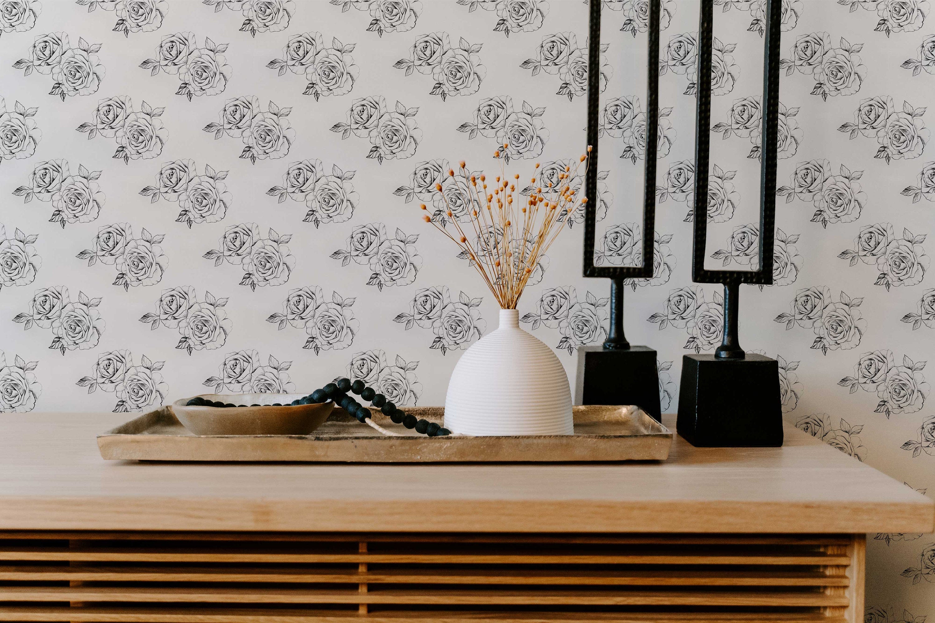 Sketch Rose Peel And Stick Wallpaper | Sketch Floral Self Adhesive Wall Mural | Black and White Roses Wallpaper