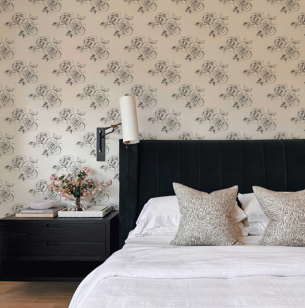 Sketch Rose Peel And Stick Wallpaper | Sketch Floral Self Adhesive Wall Mural | Black and White Roses Wallpaper