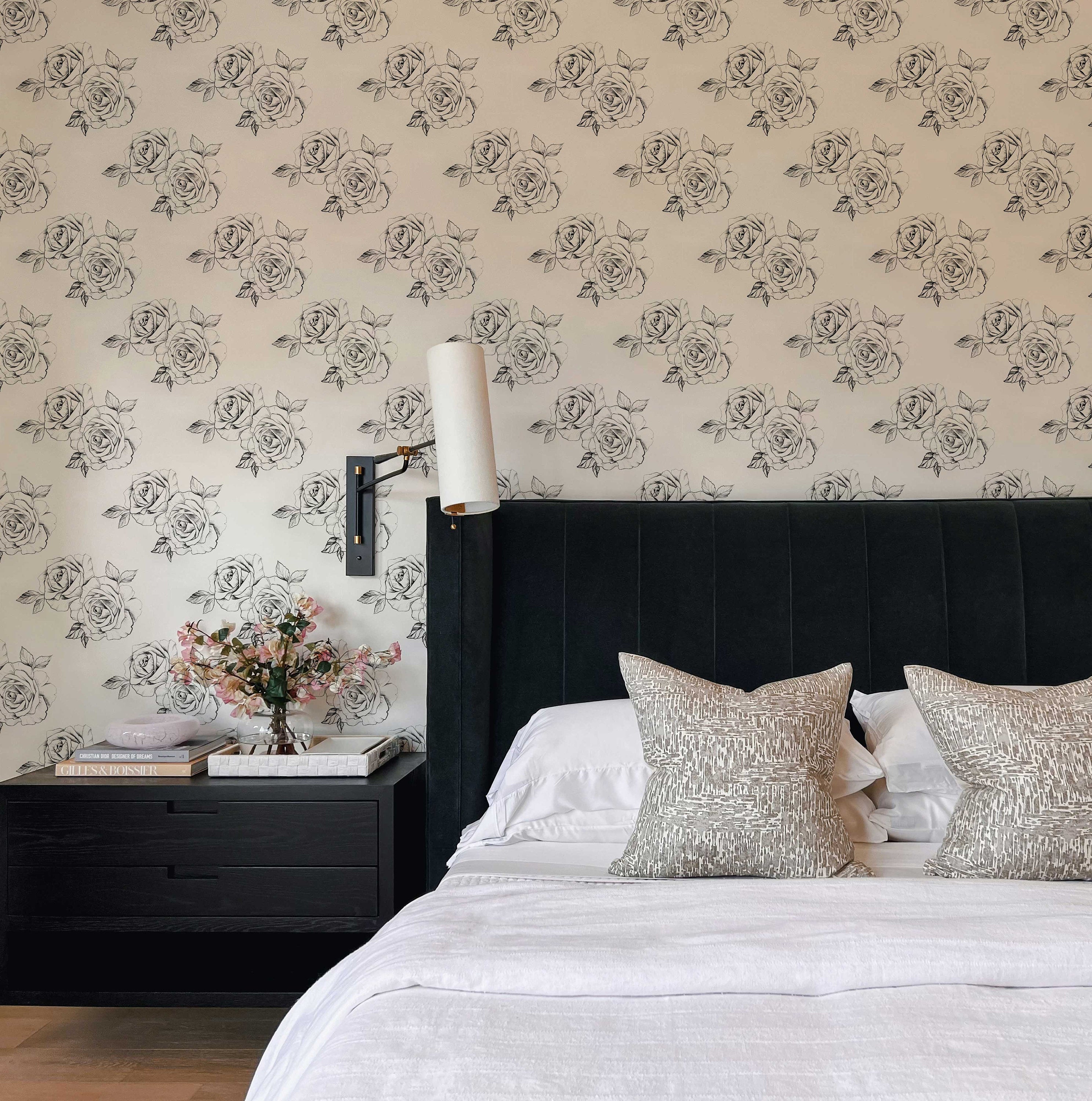 Sketch Rose Peel And Stick Wallpaper | Sketch Floral Self Adhesive Wall Mural | Black and White Roses Wallpaper