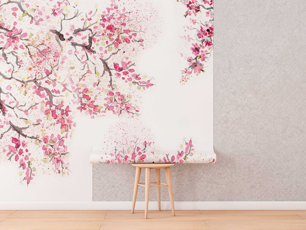 Spring Cherry Blossom Removable Wallpaper | Watercolor Wall Mural | Peel and Stick Wallmural | Floral Mural | Wall Murals