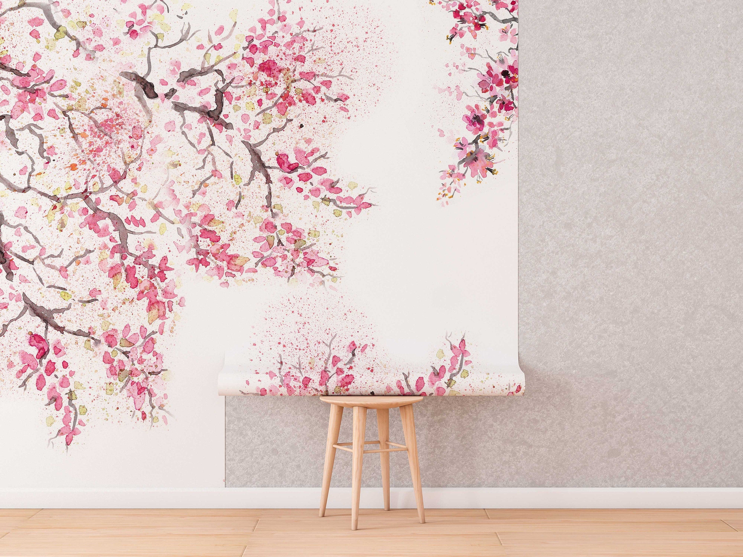 Spring Cherry Blossom Removable Wallpaper | Watercolor Wall Mural | Peel and Stick Wallmural | Floral Mural | Wall Murals
