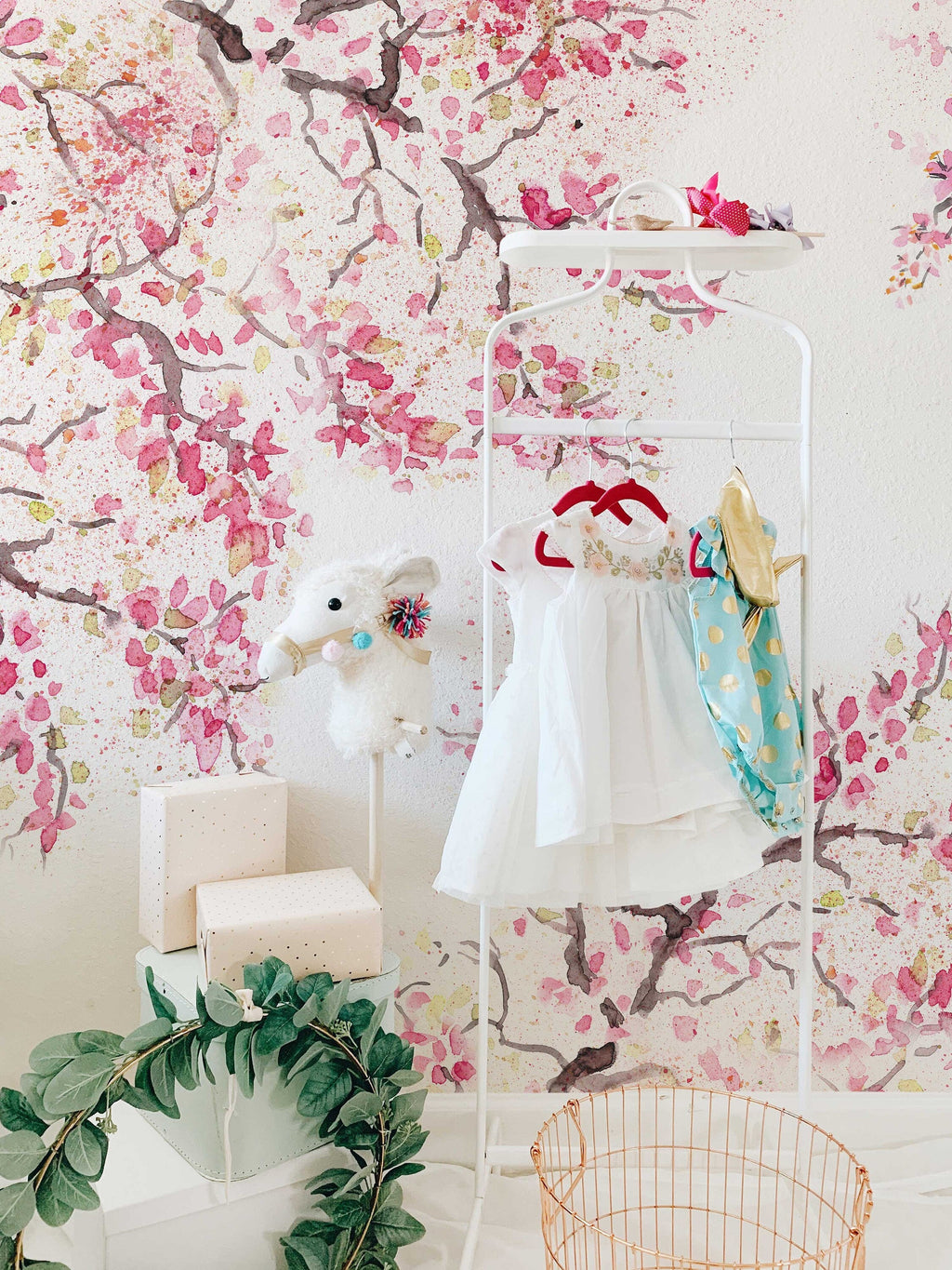 Spring Cherry Blossom Removable Wallpaper | Watercolor Wall Mural | Peel and Stick Wallmural | Floral Mural | Wall Murals