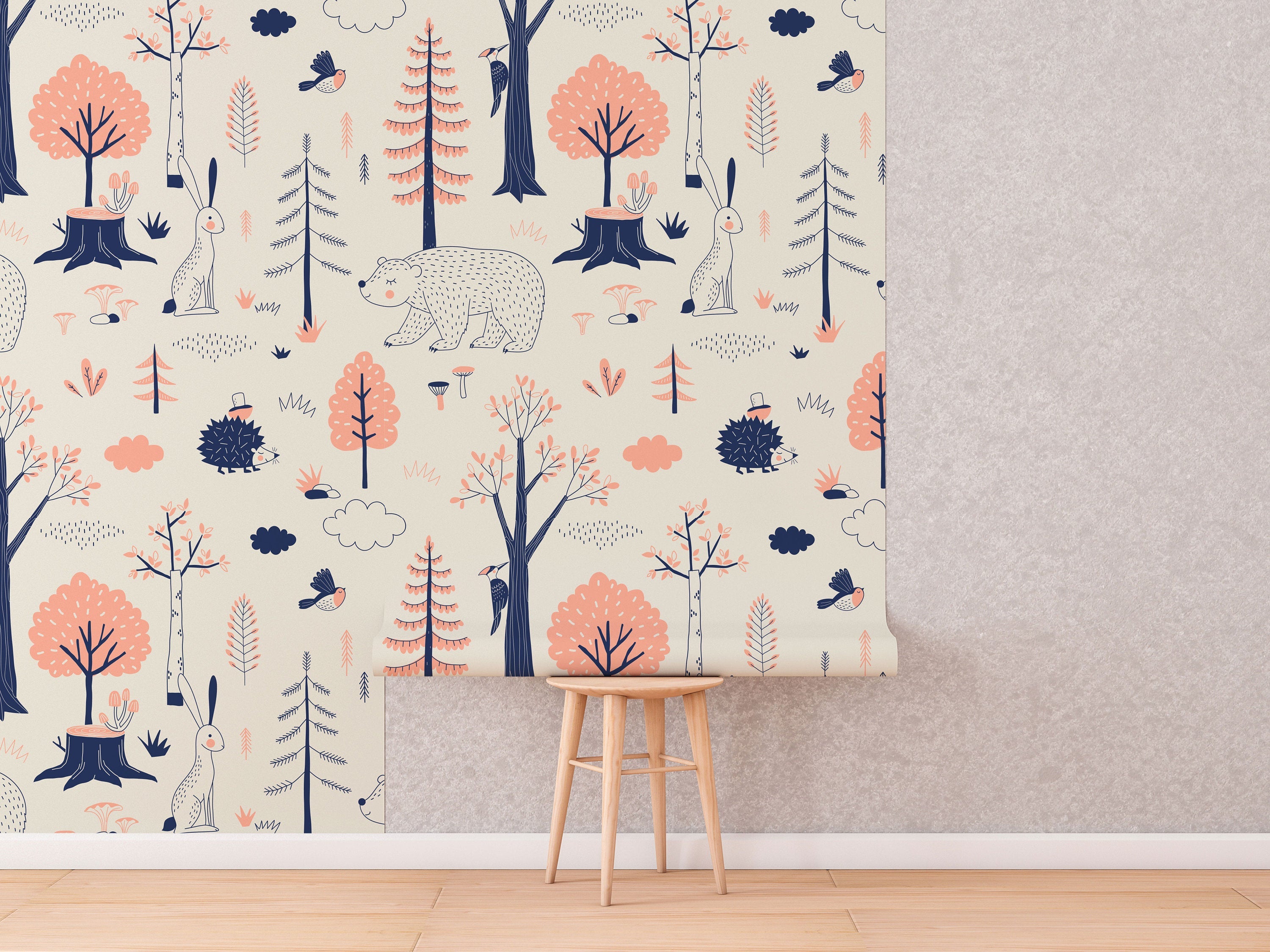 Woodland Animals Kids Room Wallpaper | Forest Nursery Wall Mural | Rabbit Wallpaper Watercolour Wall Décor Nursery