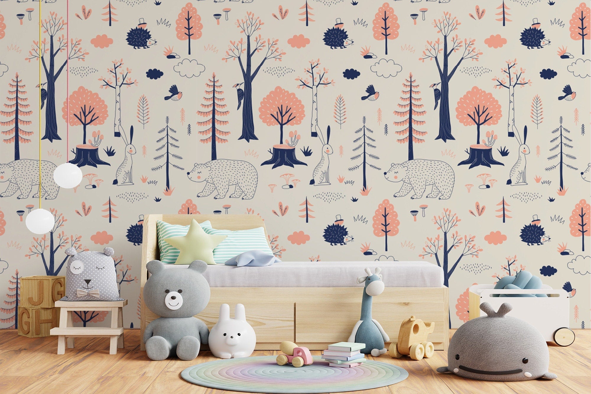 Woodland Animals Kids Room Wallpaper | Forest Nursery Wall Mural | Rabbit Wallpaper Watercolour Wall Décor Nursery