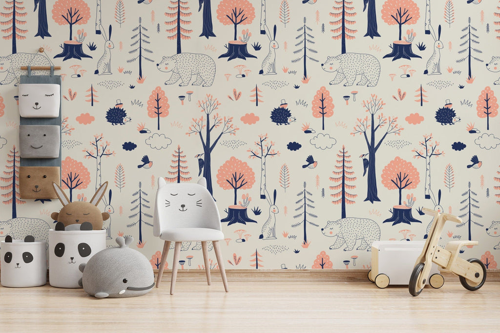 Woodland Animals Kids Room Wallpaper | Forest Nursery Wall Mural | Rabbit Wallpaper Watercolour Wall Décor Nursery