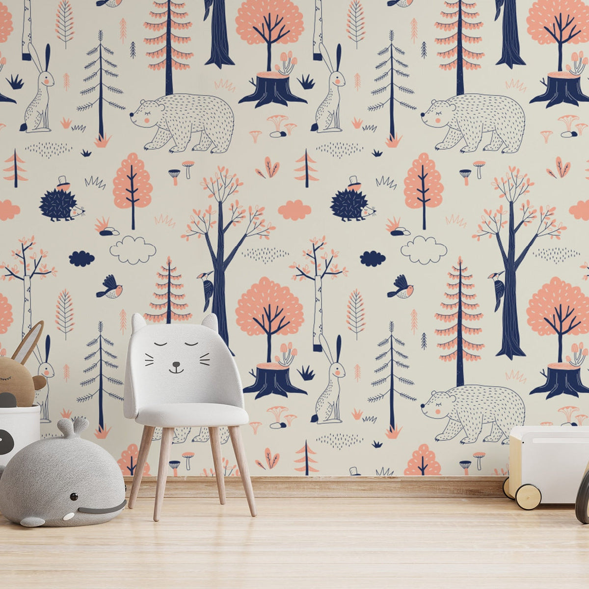 Woodland Animals Kids Room Wallpaper | Forest Nursery Wall Mural | Rabbit Wallpaper Watercolour Wall Décor Nursery