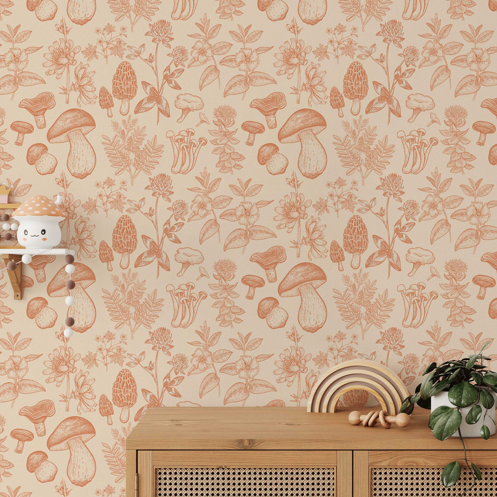 Mushroom Wallpaper | Orange Wallpaper | Mid Century Modern Wallpaper | Kids Mushroom Peel and Stick Wallpaper | Vintage Wallpaper