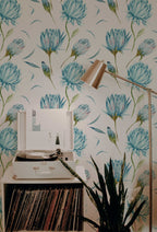 Blue Flowers Wallpaper | Green Leaves Nature Wall Art | Removable Wallpaper | Peel and Stick Wallpaper | Light Wallpaper | Home Decor