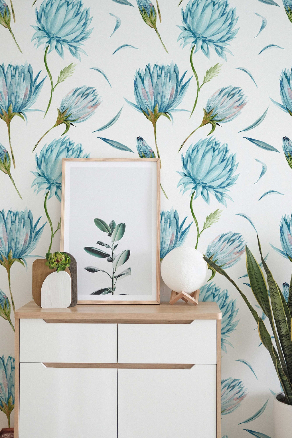 Blue Flowers Wallpaper | Green Leaves Nature Wall Art | Removable Wallpaper | Peel and Stick Wallpaper | Light Wallpaper | Home Decor