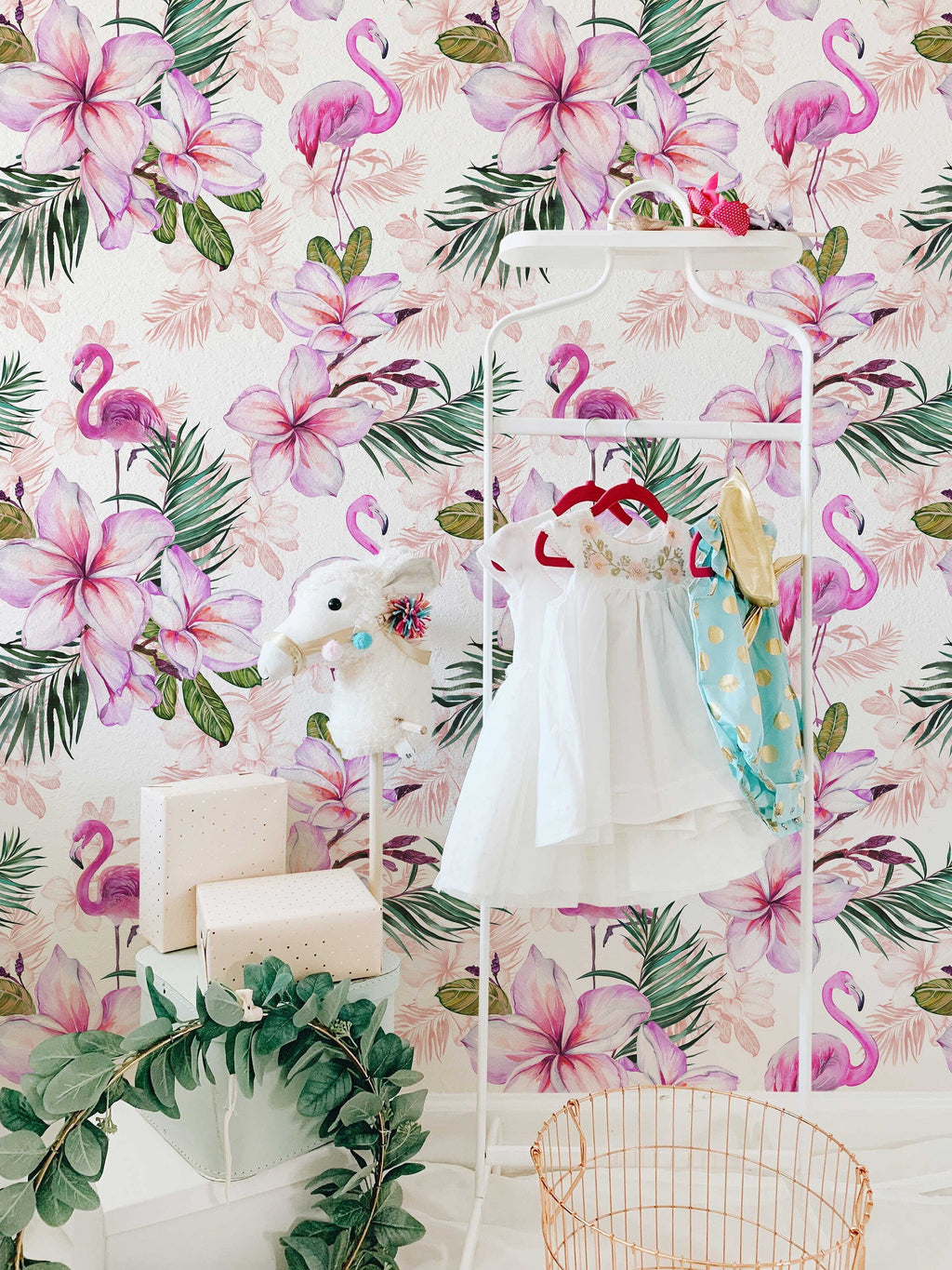 Pink Flamingo Floral Wallpaper | Pink Nursery Peel and Stick Removable Wallpaper | Baby Girl Blushing Pink Flamingo & Floral Décor