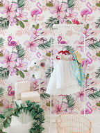 Pink Flamingo Floral Wallpaper | Pink Nursery Peel and Stick Removable Wallpaper | Baby Girl Blushing Pink Flamingo & Floral Décor