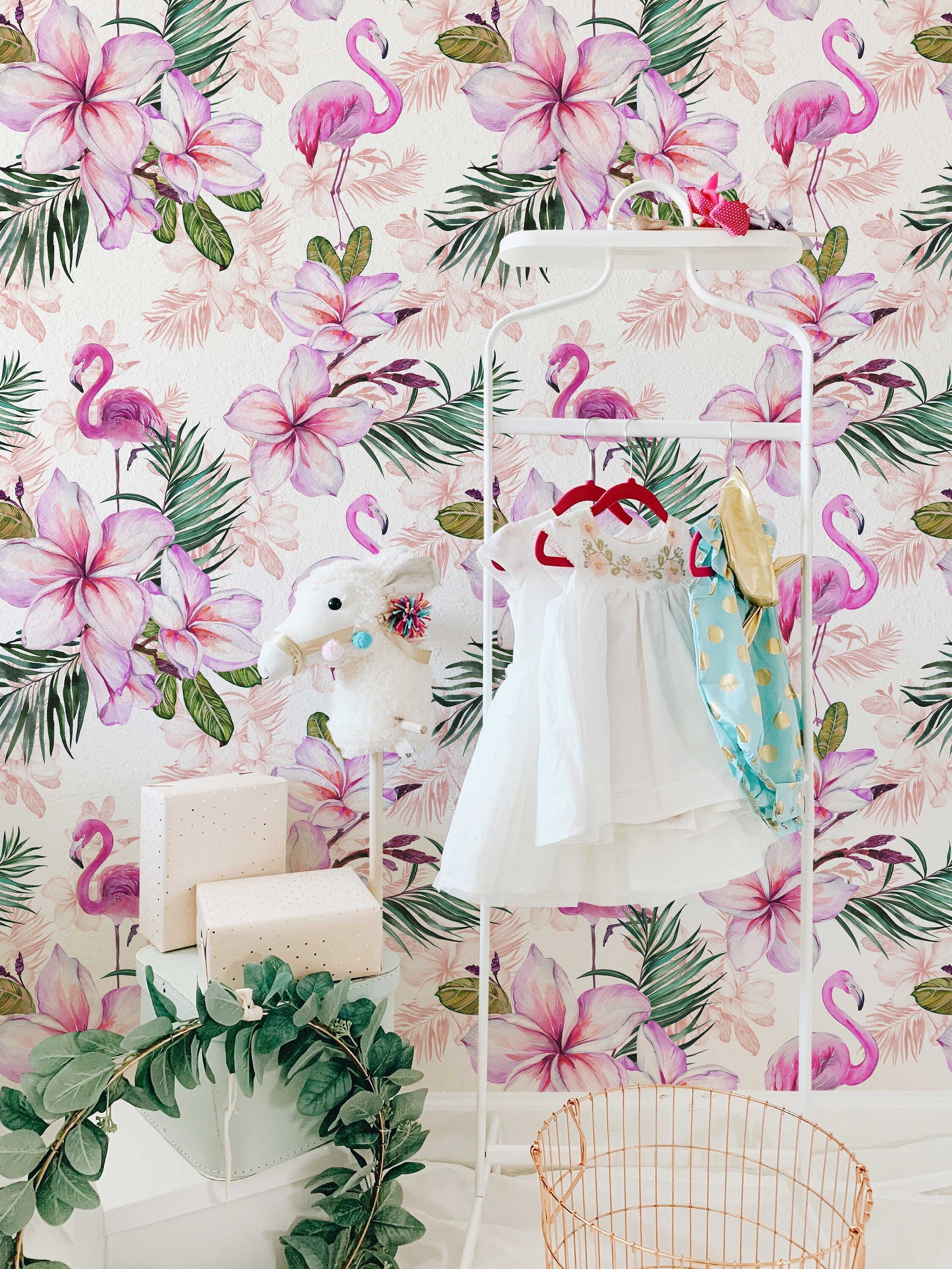 Pink Flamingo Floral Wallpaper | Pink Nursery Peel and Stick Removable Wallpaper | Baby Girl Blushing Pink Flamingo & Floral Décor