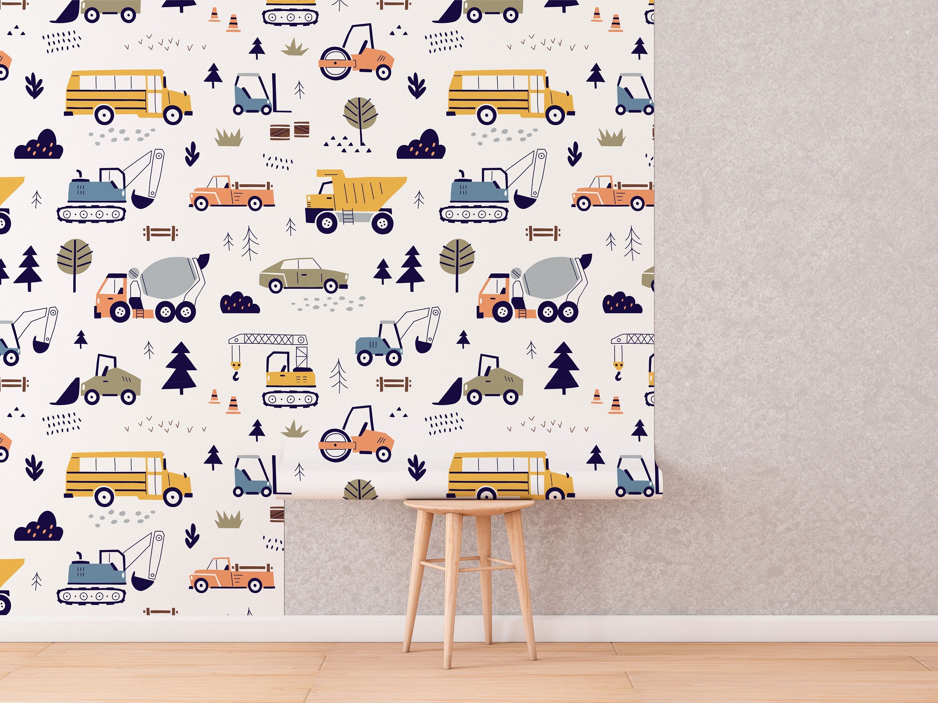 Cars and Trucks Nursery Wallpaper | Boys Wallpaper | Truck Wallpaper | Car Wallpaper | Bus Wallpaper | Wall Art | Peel and Stick