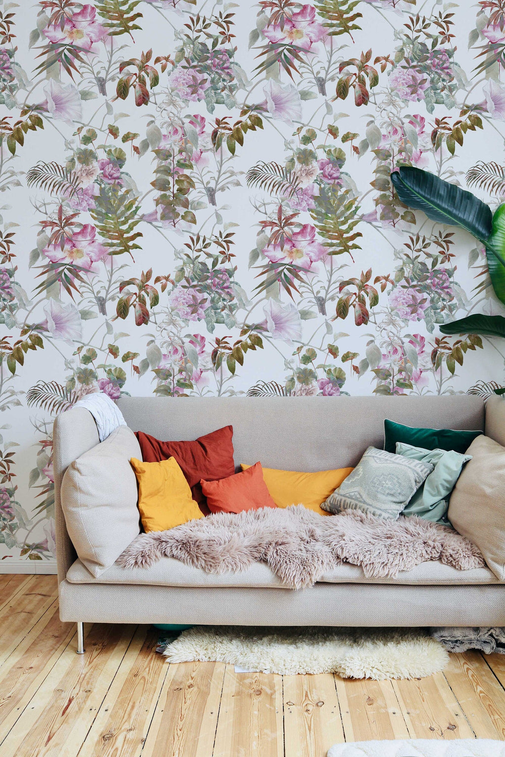 Bright Tropical Wallpaper | Self Adhesive Removable and Regular Wallpaper | Flamingo Wall Mural | Tropical Print Wallpaper
