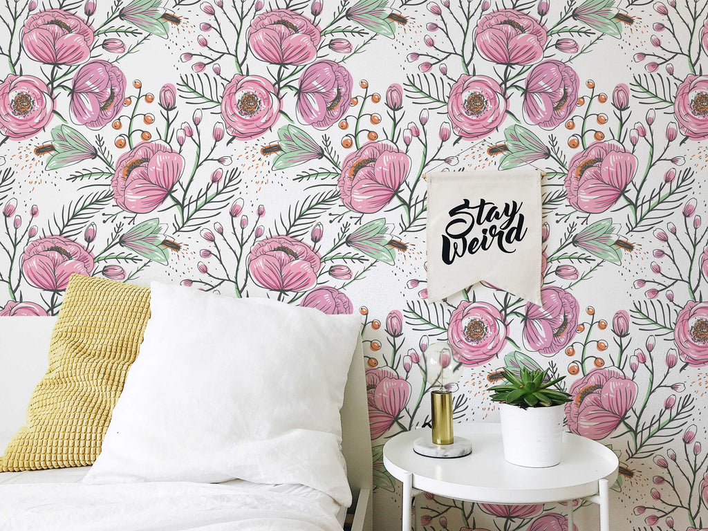 Purple Floral Wallpaper | Watercolour Flower Mural | Poppy Wallpaper