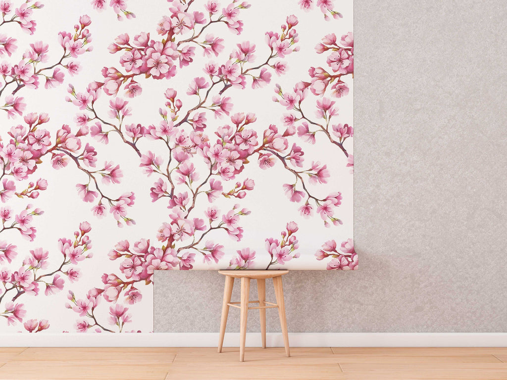 Cherry Blossom Mural | Japanese Sakura Flowers | Blooming in Spring Peel and Stick Wallpaper | Removable Wallpaper Watercolor