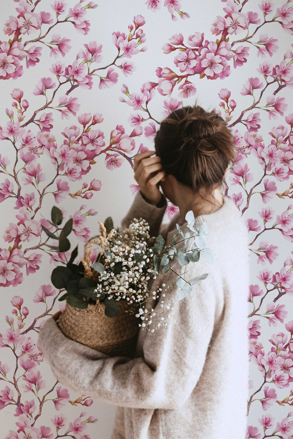 Cherry Blossom Mural | Japanese Sakura Flowers | Blooming in Spring Peel and Stick Wallpaper | Removable Wallpaper Watercolor