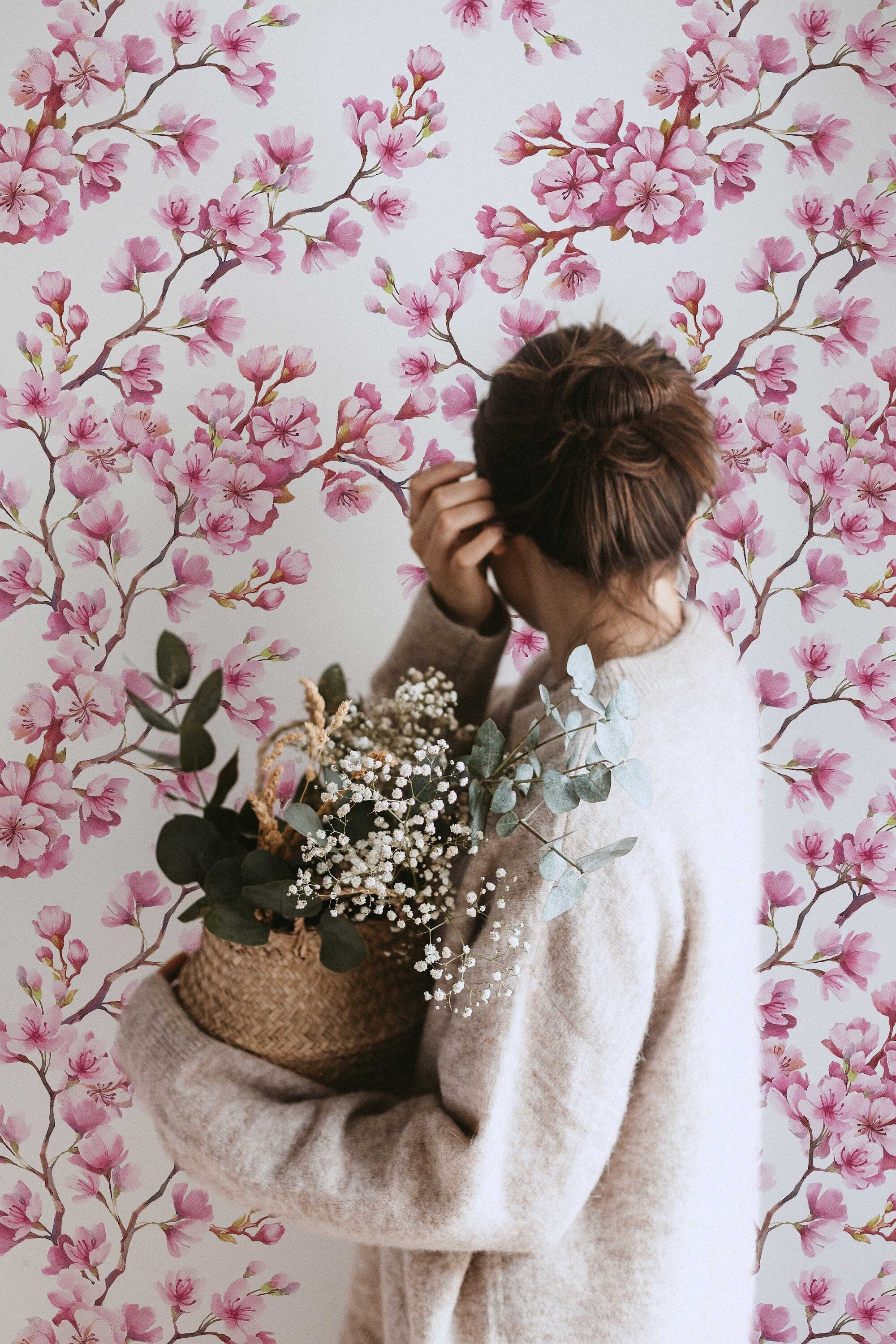 Cherry Blossom Mural | Japanese Sakura Flowers | Blooming in Spring Peel and Stick Wallpaper | Removable Wallpaper Watercolor