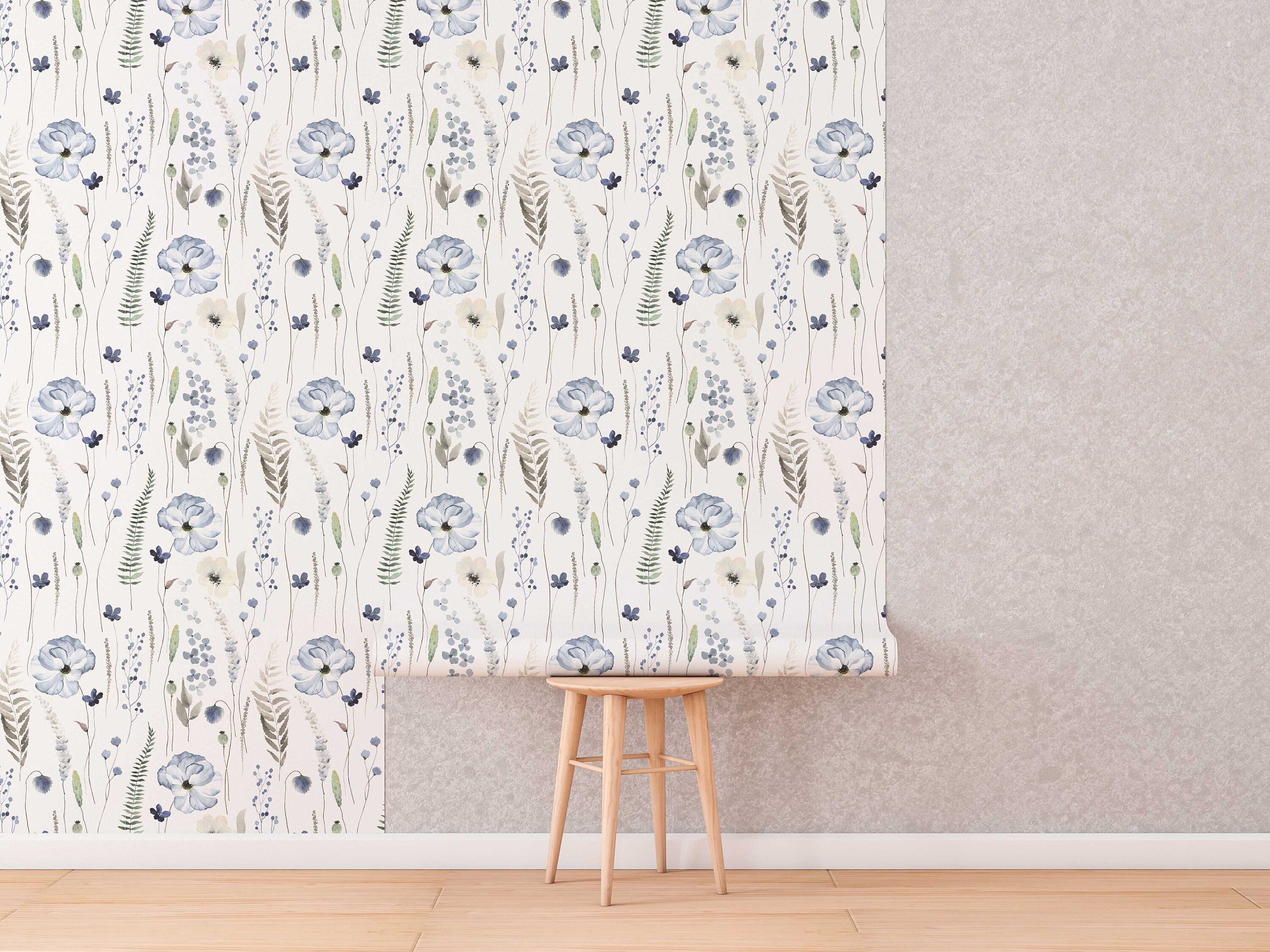 Blue Floral | Whispering Steal Blue Floral Wallpaper | Removable Peel & Stick Self-Adhesive Wallpaper