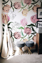 Blooming Peonies Wall Art | Removable Pale Wallpaper | Peony Blush Bouquet | Floral Wall Mural | Painting Wall Sticker | Floral Decal Flower