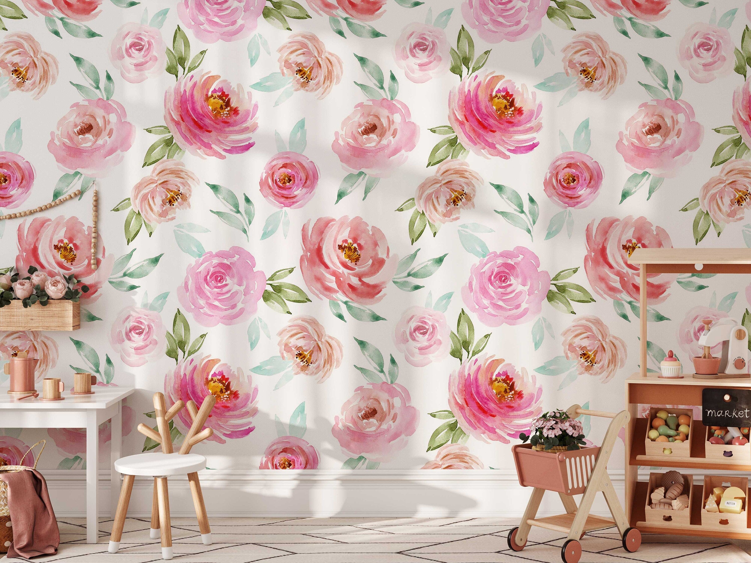 Soft Pink Roses Wallpaper | Floral Wallpaper Peel and Stick | Removable Wallpaper | Watercolor Wallpaper | Flower Wallpaper Mural