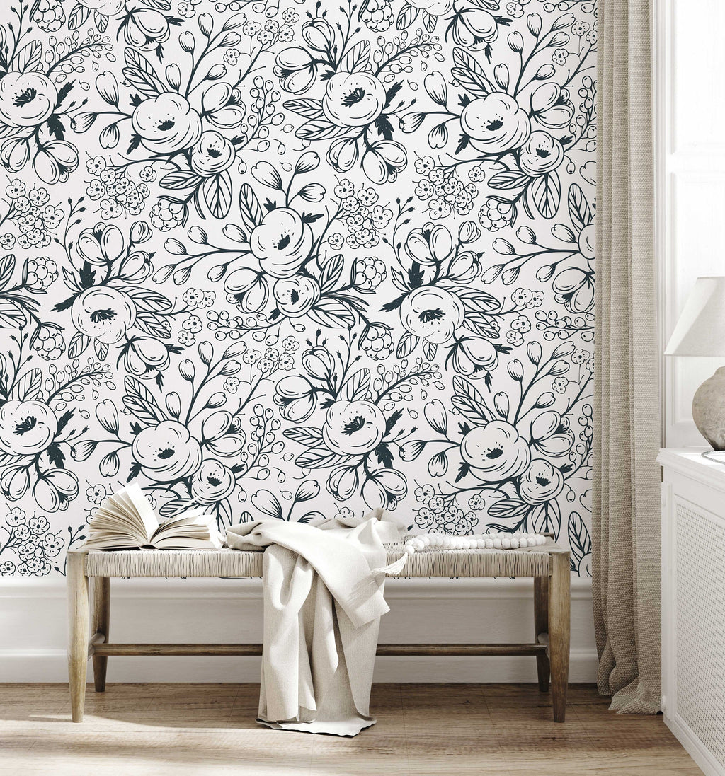 Black and White Spring Floral Wallpaper | Nursery Wall | Mural | Removable Wallpaper | Children Wall | Art | Meadow | Doddle