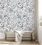 Black and White Spring Floral Wallpaper | Nursery Wall | Mural | Removable Wallpaper | Children Wall | Art | Meadow | Doddle