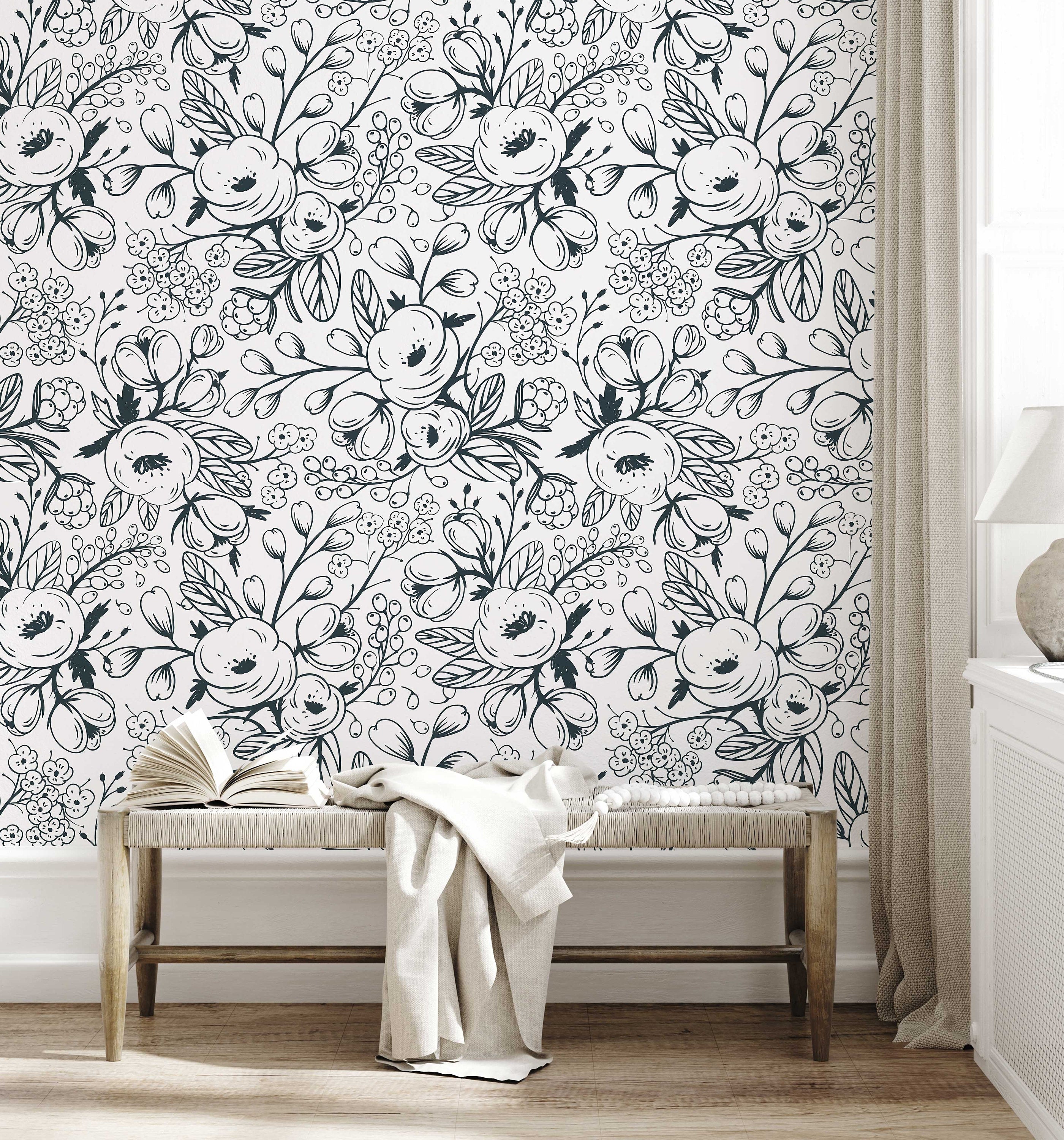 Black and White Spring Floral Wallpaper | Nursery Wall | Mural | Removable Wallpaper | Children Wall | Art | Meadow | Doddle