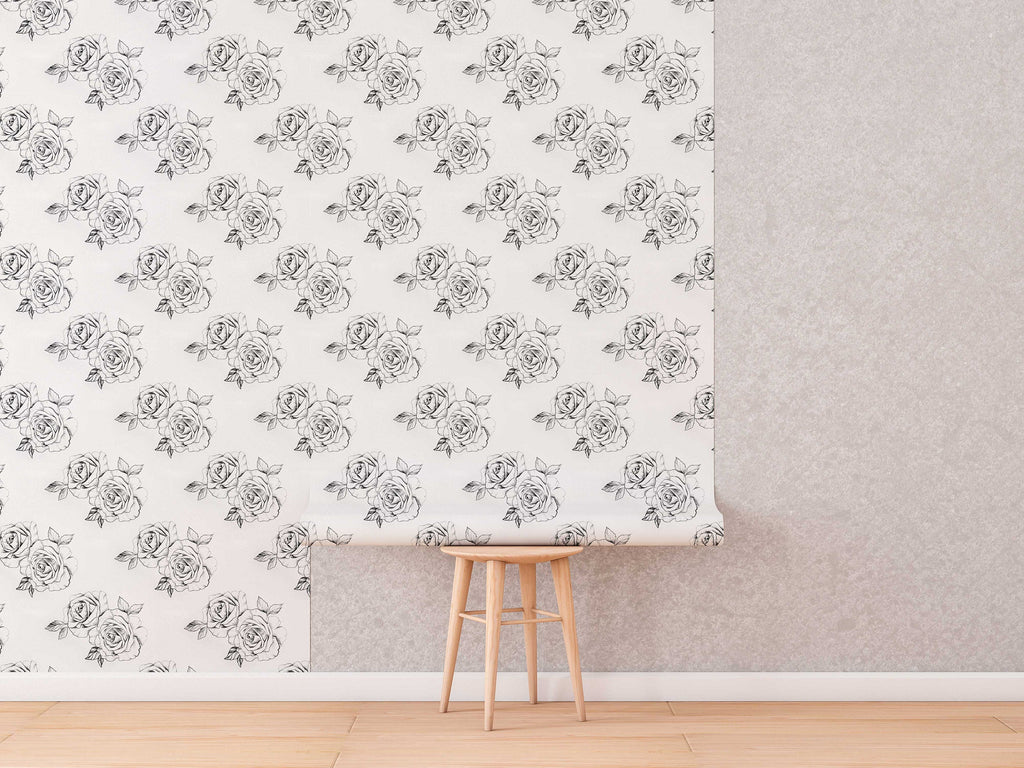 Sketch Rose Peel And Stick Wallpaper | Sketch Floral Self Adhesive Wall Mural | Black and White Roses Wallpaper
