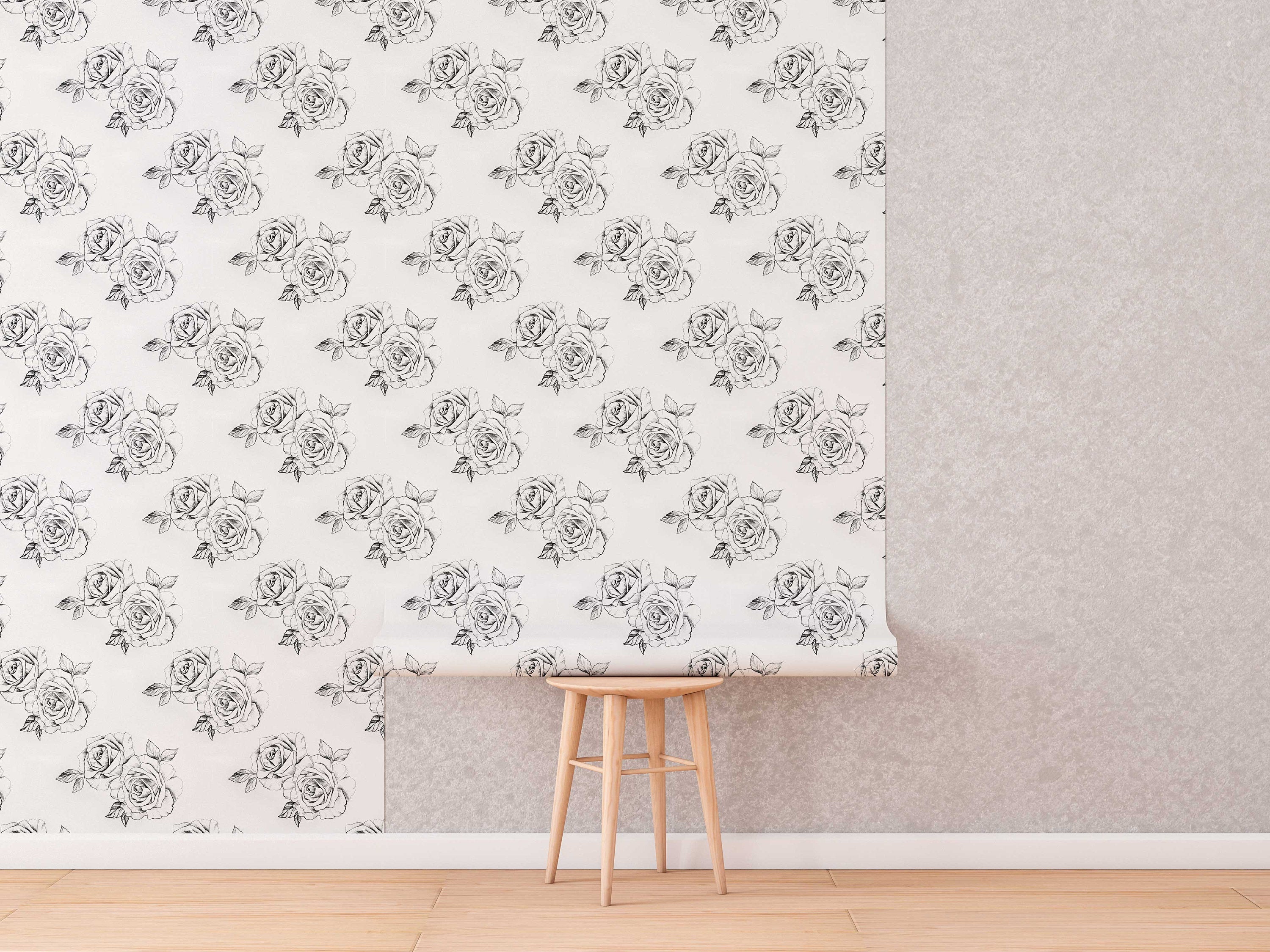 Sketch Rose Peel And Stick Wallpaper | Sketch Floral Self Adhesive Wall Mural | Black and White Roses Wallpaper