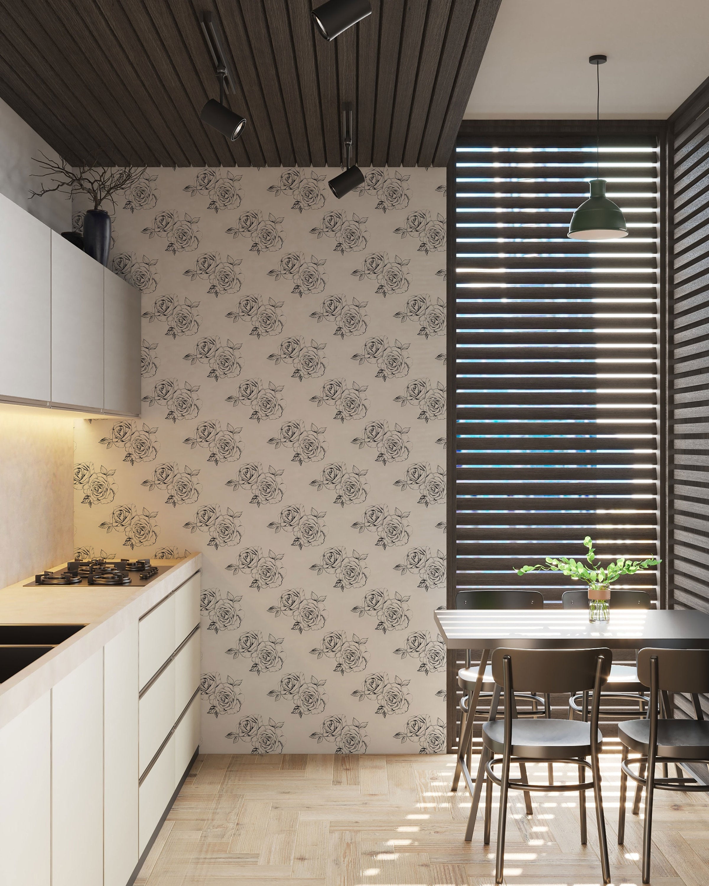 Sketch Rose Peel And Stick Wallpaper | Sketch Floral Self Adhesive Wall Mural | Black and White Roses Wallpaper