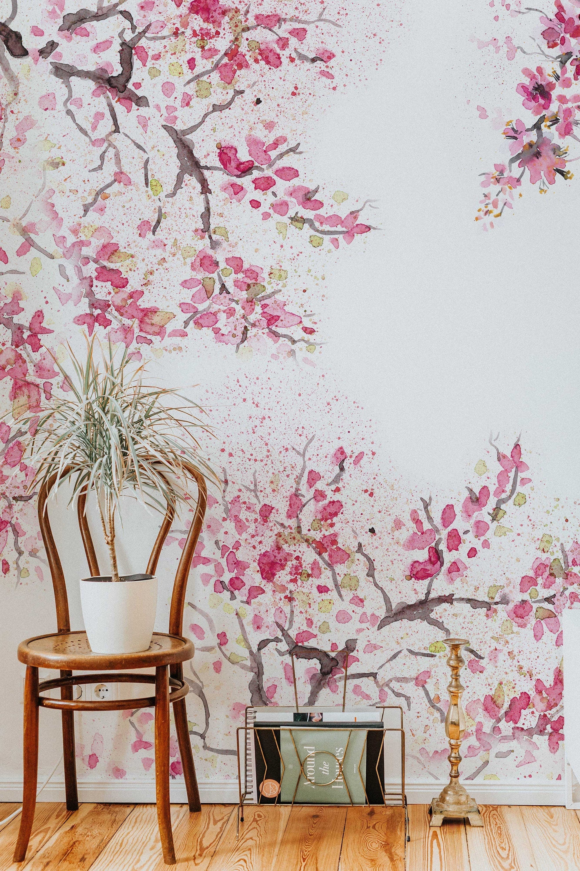 Spring Cherry Blossom Removable Wallpaper | Watercolor Wall Mural | Peel and Stick Wallmural | Floral Mural | Wall Murals