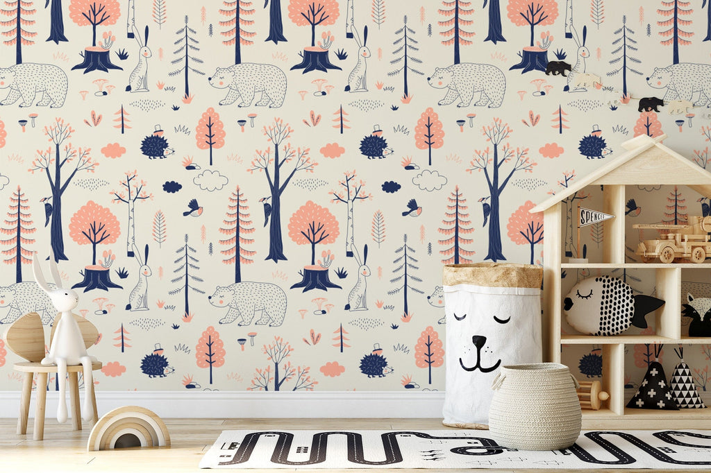 Woodland Animals Kids Room Wallpaper | Forest Nursery Wall Mural | Rabbit Wallpaper Watercolour Wall Décor Nursery