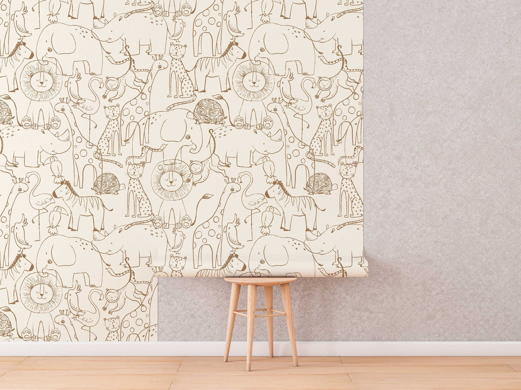 Cute Hand Drawing Safari Animals Wallpaper, Monochrome Animals Kids Wall Mural, Nursery Cartoon Animals Wallpaper, Peel and Stick, Removable