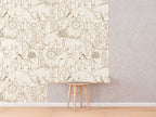 Cute Hand Drawing Safari Animals Wallpaper, Monochrome Animals Kids Wall Mural, Nursery Cartoon Animals Wallpaper, Peel and Stick, Removable