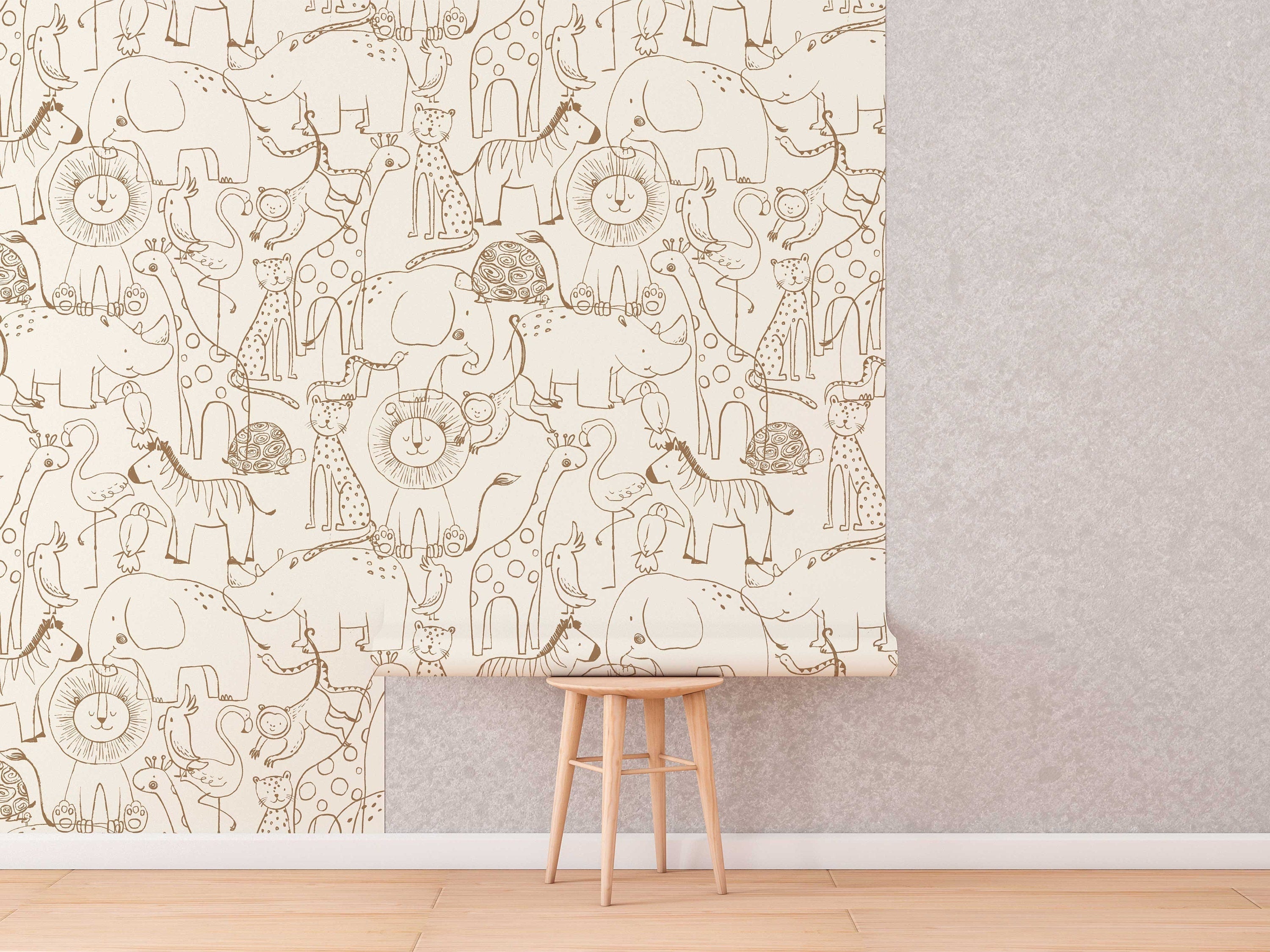 Cute Hand Drawing Safari Animals Wallpaper, Monochrome Animals Kids Wall Mural, Nursery Cartoon Animals Wallpaper, Peel and Stick, Removable