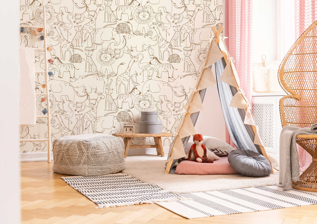 Cute Hand Drawing Safari Animals Wallpaper, Monochrome Animals Kids Wall Mural, Nursery Cartoon Animals Wallpaper, Peel and Stick, Removable